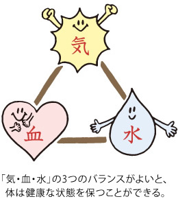 「気・血・水」の3つのバランスがよいと、体は健康な状態を保つことができる。