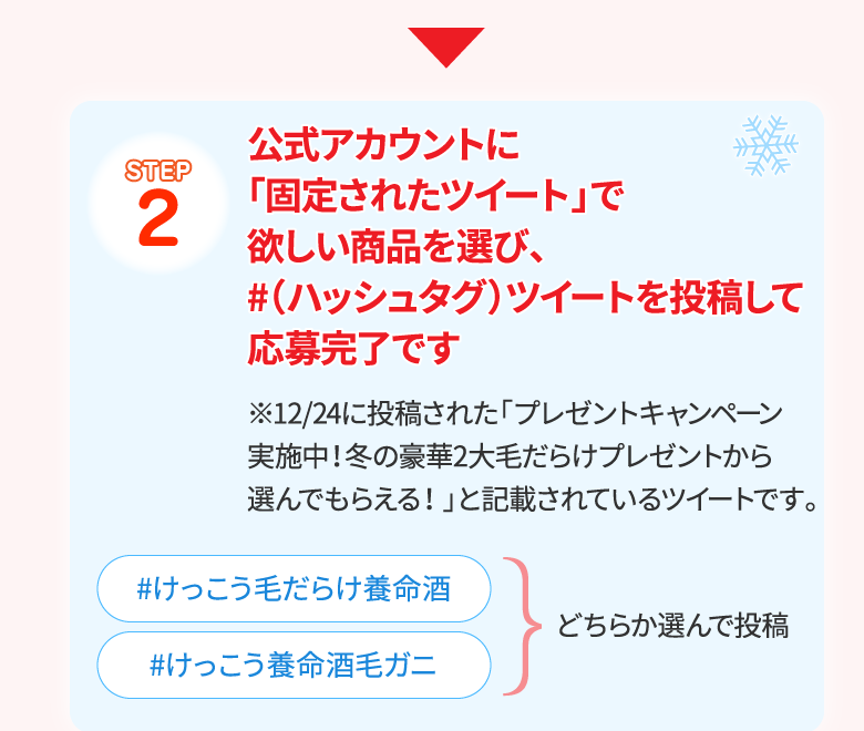 【STEP２】公式アカウントに「固定されたツイート」で欲しい商品を選び、#（ハッシュタグ）ツイートを投稿して応募完了です