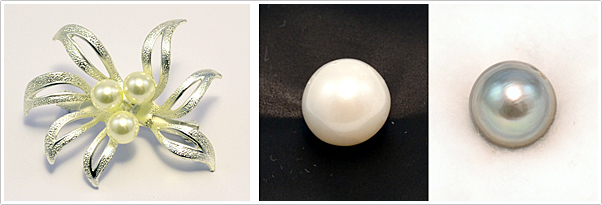 写真1．左：真珠のブローチ，　右：南洋パールのルース