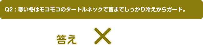 Q2:寒い冬はモコモコのタートルネックで首までしっかり冷えからガード。答え ×