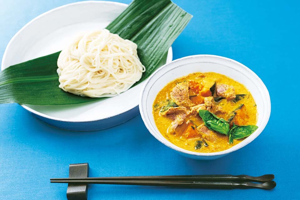 かぼちゃと牛肉のタイ風カレーそうめん