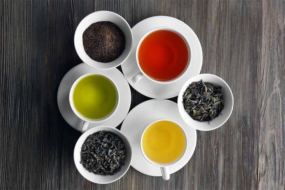 3つのカップそれぞれに緑茶、紅茶、烏龍茶が注がれている画像