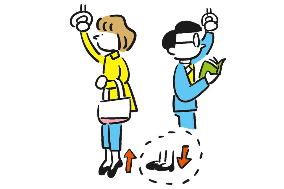 電車内で簡単な運動をする女性のイラスト