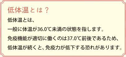 低体温とは？低体温とは？低体温とは、一般に体温が36.0℃未満の状態を指します。免疫機能が適切に働くのは37.0℃前後であるため、低体温が続くと、免疫力が低下するおそれがあります。