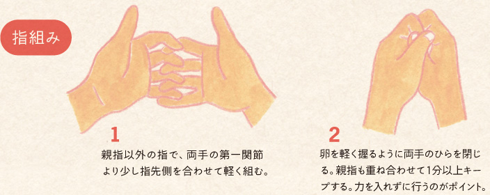 指組み 1.親指以外の指で、両手の第一関節を合わせるように軽く組む。 2.卵を軽く握るように両手のひらを閉じる。親指も重ね合わせて1分以上キープする。力を入れずに行うのがポイント。