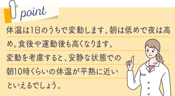 体温は１日のうちで変動します。朝は低めで夜は高め。食後や運動後も高くなります。変動を考慮すると、安静な状態での朝10時くらいの体温が平熱に近いといえるでしょう。