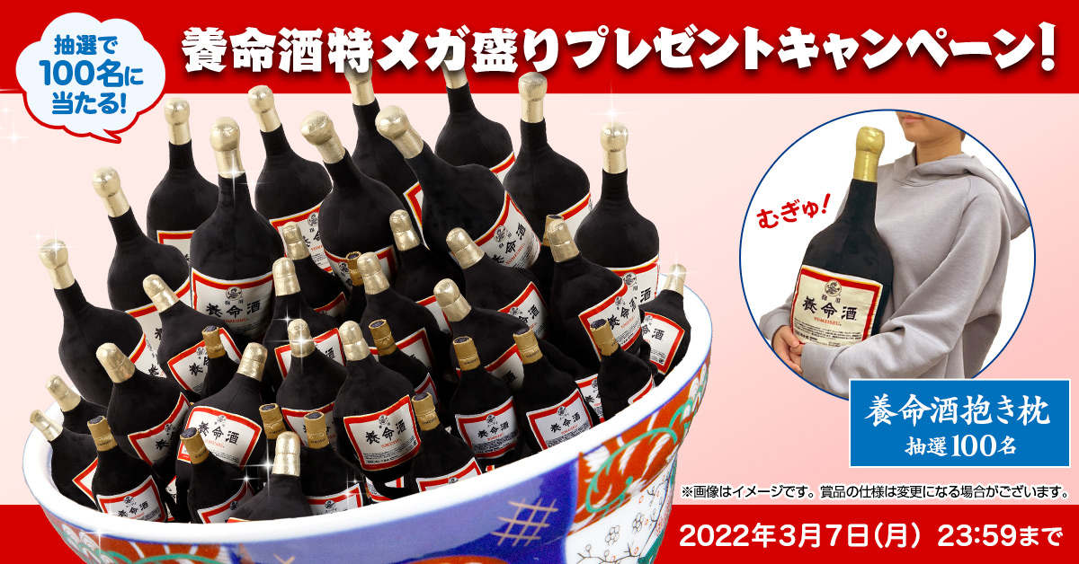 抽選で100名に当たる! 養命酒メガ盛りプレゼントキャンペーン! 養命酒抱き枕 抽選100名 2022年3月7日 23:59まで