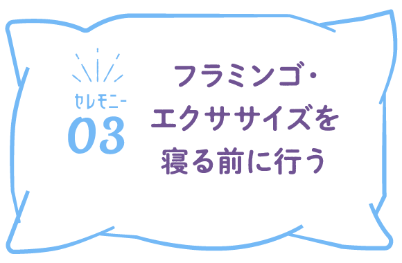 （セレモニー03）寝る前にフラミンゴ・エクササイズを行う