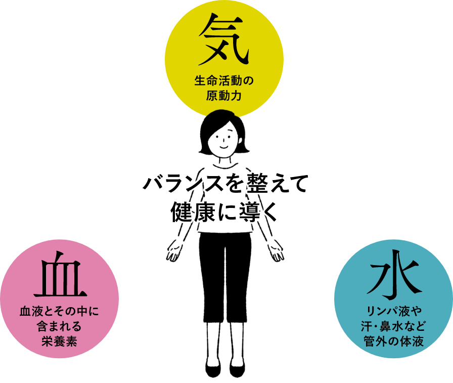 気・生命活動の原動力 血・血液とその中に言まれる栄養素 水・リンパ液や汗・鼻水など管外の体液 バランスを整えて健康に導く