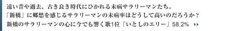 遠い昔や過去、古き良き時代にひかれる未病サラリーマンたち。「新橋」に郷愁を感じるサラリーマンの未病率はどうして高いのだろうか？新橋のサラリーマンの心に今でも響く歌1位「いとしのエリー」58.2%