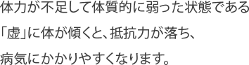 体力が不足して体質的に弱った状態である「虚」に体が傾くと、抵抗力が落ち、病気にかかりやすくなります。