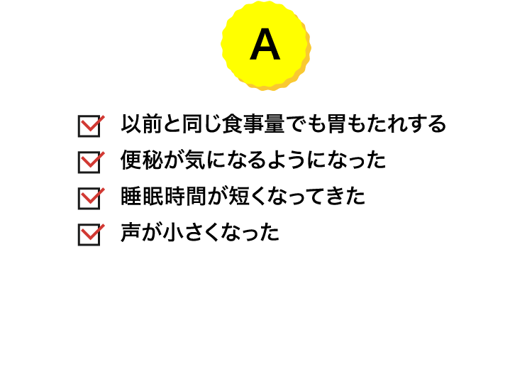 A｜以前と同じ食事量でも胃もたれする／便秘が気になるようになった／睡眠時間が短くなってきた／声が小さくなった