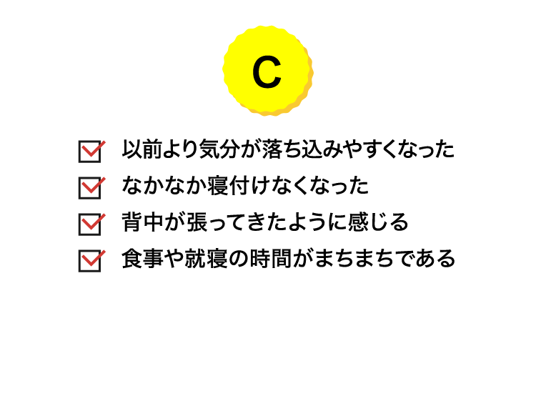 C｜以前より気分が落ち込みやすくなった／なかなか寝付けなくなった／背中が張ってきたように感じる／食事や就寝の時間がまちまちである