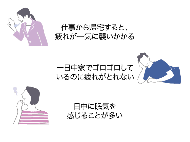 仕事から帰宅すると、疲れが一気に襲いかかる｜一日中家でゴロゴロしているのに疲れがとれない｜日中に眠気を感じることが多い