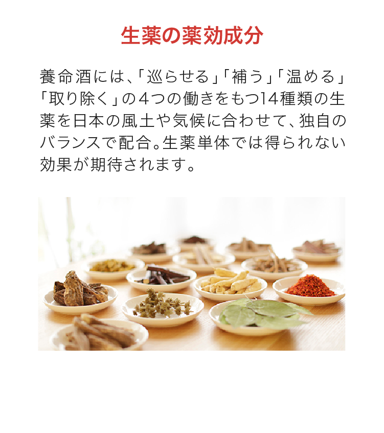 生薬の薬効成分｜養命酒には、「巡らせる」「補う」「温める」「取り除く」の４つの働きをもつ14種類の生薬を日本の風土や気候に合わせて、独自のバランスで配合。生薬単体では得られない効果が期待されます。