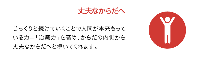 丈夫なからだへ｜じっくりと続けていくことで人間が本来もっている力＝「治癒力」を高め、からだの内側から丈夫なからだへと導いてくれます。