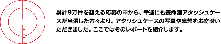累計9万件を超える応募の中から、幸運にも養命酒アタッシュケースが当選した方々より、アタッシュケースの写真や感想をお寄せいただきました。ここではそのレポートを紹介します。