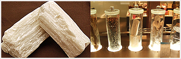 （左）生薬石膏（右）「駒ケ根工場・健康の森記念館」の生薬展示ブース（写真中央部のものが石膏です）