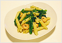 菜の花とエビのペンネ