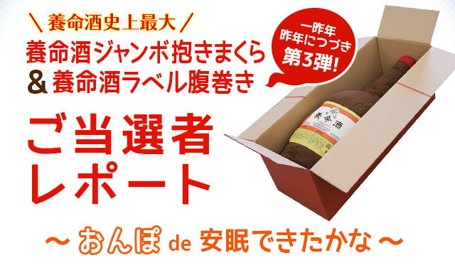 養命酒史上最大 養命酒ジャンボ抱きまくら＆養命酒ラベル腹巻き ご当選者レポート ～おんぽde安眠できたかな～