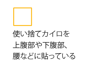 使い捨てカイロを上腹部や下腹部、腰などに貼っている