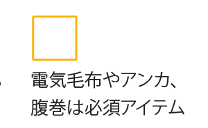 電気毛布やアンカ、腹巻は必須アイテム