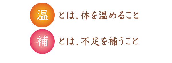 温とは、体を温めること
補とは、不足を補うこと