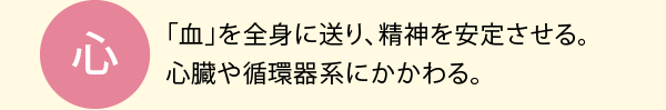 心：「血」を全身に送り、精神を安定させる。心臓や循環器系にかかわる。