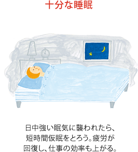 十分な睡眠日中強い眠気に襲われたら、短時間仮眠をとろう。疲労が回復し、仕事の効率も上がる。