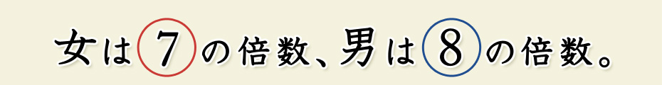 女は7の倍数、男は8の倍数。