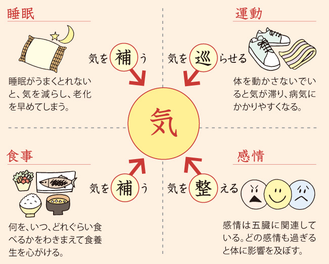 【睡眠】気を補う：睡眠がうまくとれないと、気を減らし、老化を早めてしまう。／【運動】気を巡らせる：体を動かさないでいると気が滞り、病気にかかりやすくなる。／【食事】気を補う：何を、いつ、どれぐらい食べるかをわきまえて食養生を心がける。／【感情】気を整える：感情は五臓に関連している。どの感情も過ぎると体に影響を及ぼす。