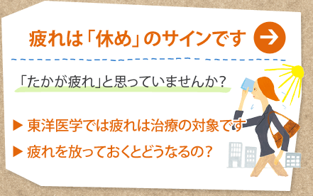 疲れは「休め」のサインです
「たかが疲れ」と思っていませんか？
東洋医学では疲れは治療の対象です
疲れを放っておくとどうなるの？