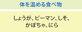 体を温める食べ物
しょうが、ピーマン、しそ、かぼちゃ、にら