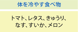 体を冷やす食べ物
トマト、レタス、きゅうり、なす、すいか、メロン